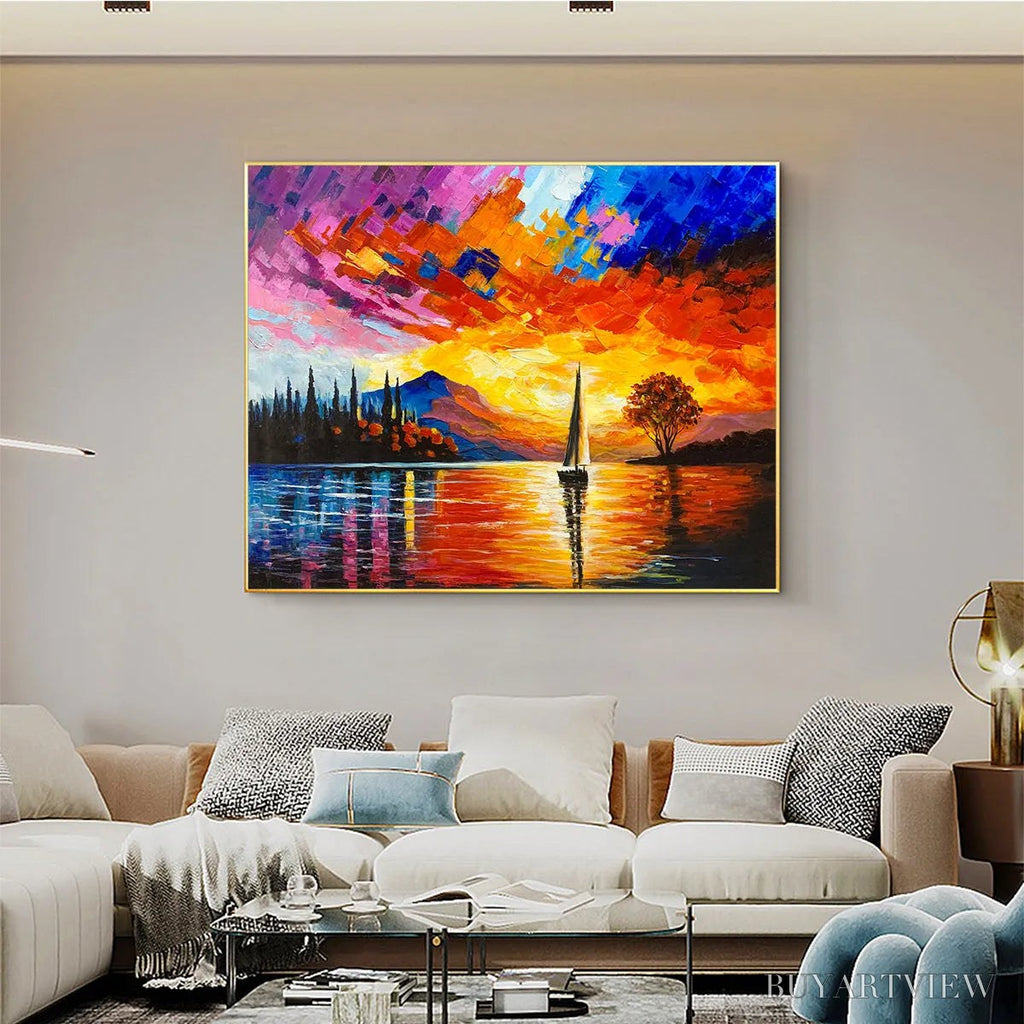 ARTOVITAS Sailing At Sunset – Square Impasto Landscape Painting of a Tranquil Lake - image 6
