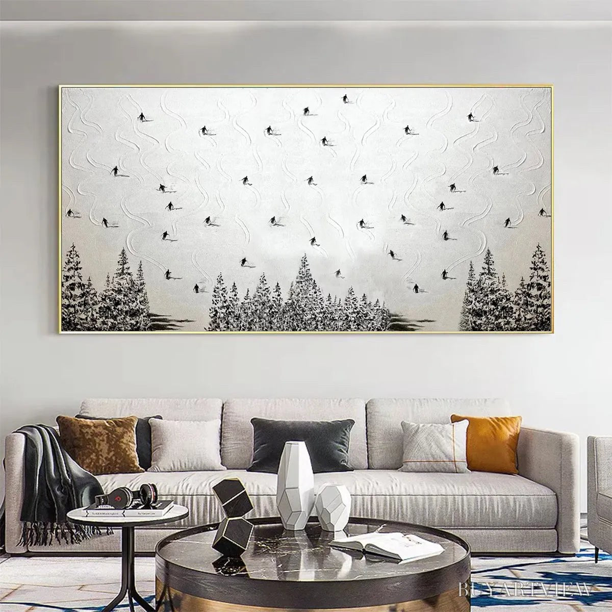 ARTOVITAS Alpine Symphony – Minimalist Skiing Scene on Textured Canvas - image 2
