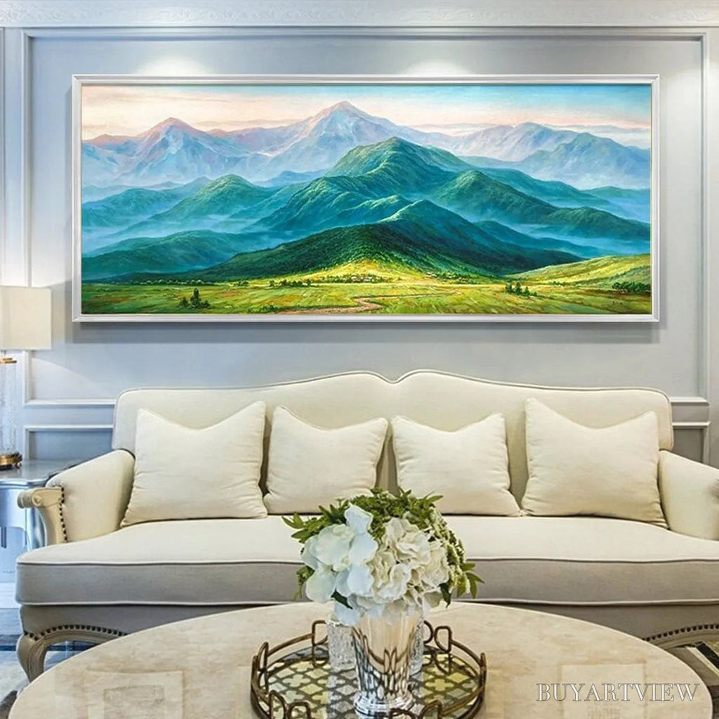 ARTOVITAS Emerald Valley Vista – Panoramic Mountain Landscape Oil Painting - image 2