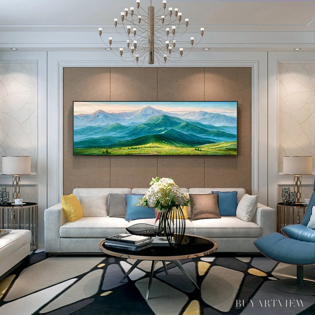 ARTOVITAS Emerald Valley Vista – Panoramic Mountain Landscape Oil Painting - image 4
