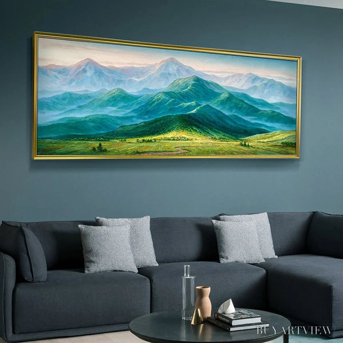 ARTOVITAS Emerald Valley Vista – Panoramic Mountain Landscape Oil Painting - image 5