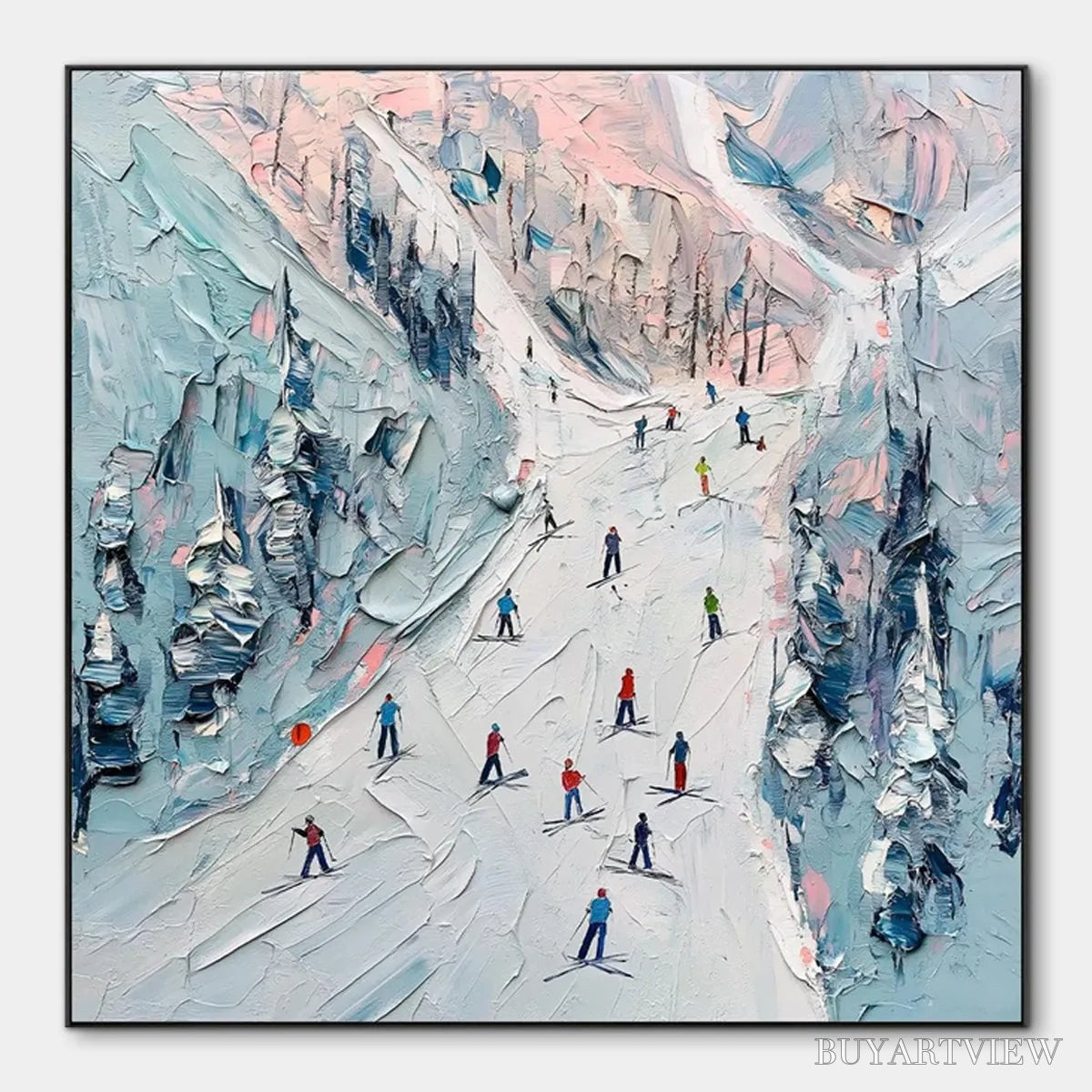 ARTOVITAS Slope Life – Textured Impasto Ski Slope Scene on Square Canvas - image 1