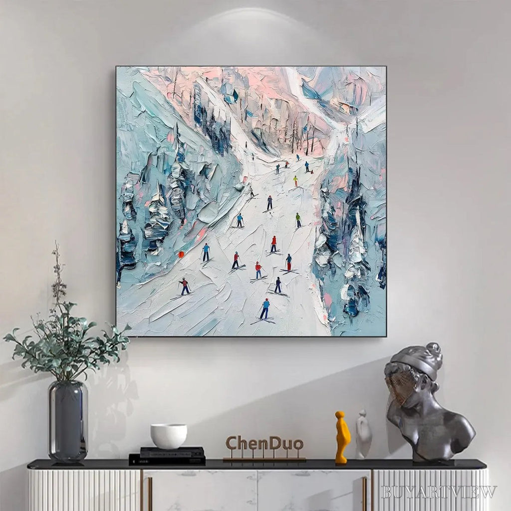 ARTOVITAS Slope Life – Textured Impasto Ski Slope Scene on Square Canvas - image 4