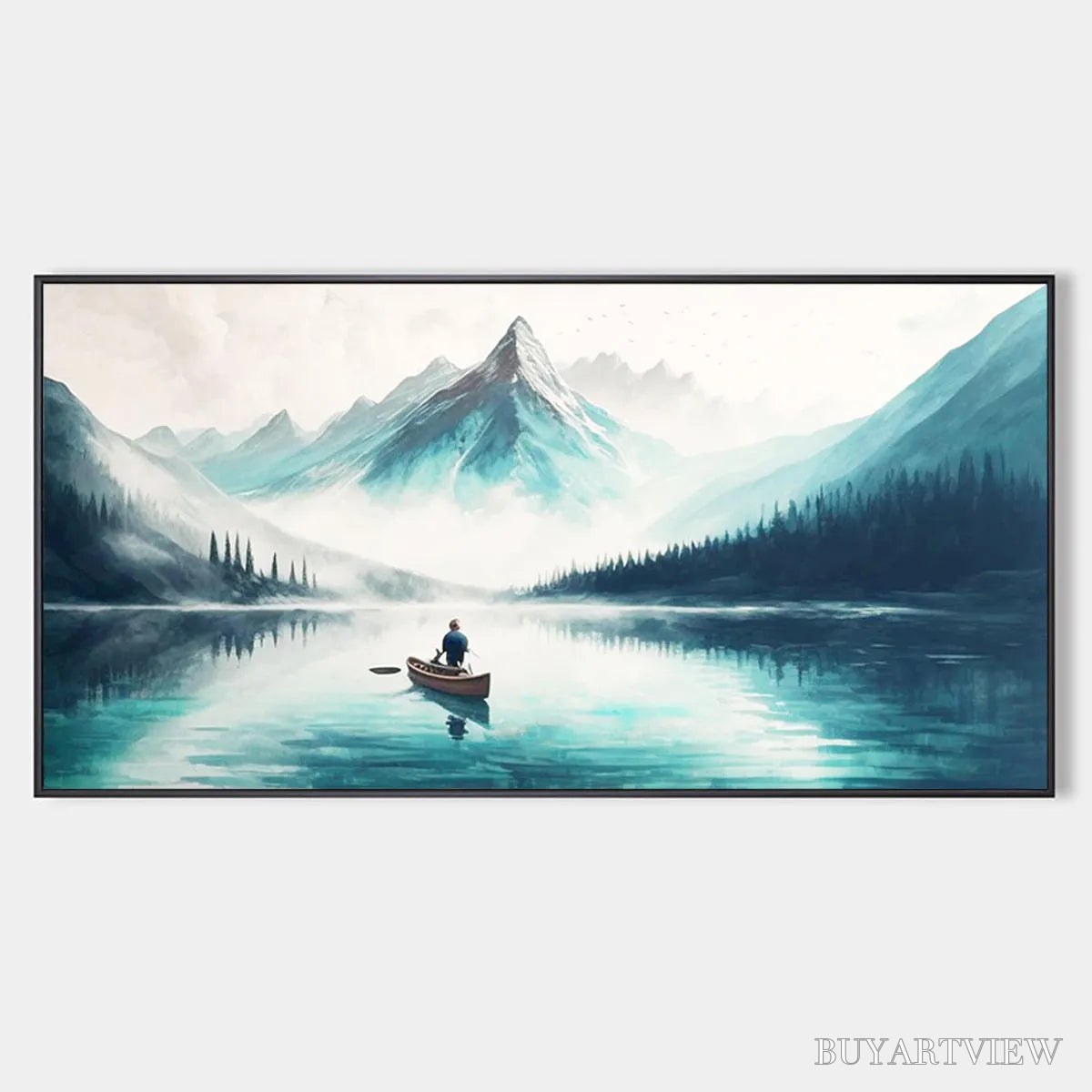 ARTOVITAS Solitude'S Embrace – Panoramic Lake and Mountain Landscape Oil Painting with Canoe - image 1