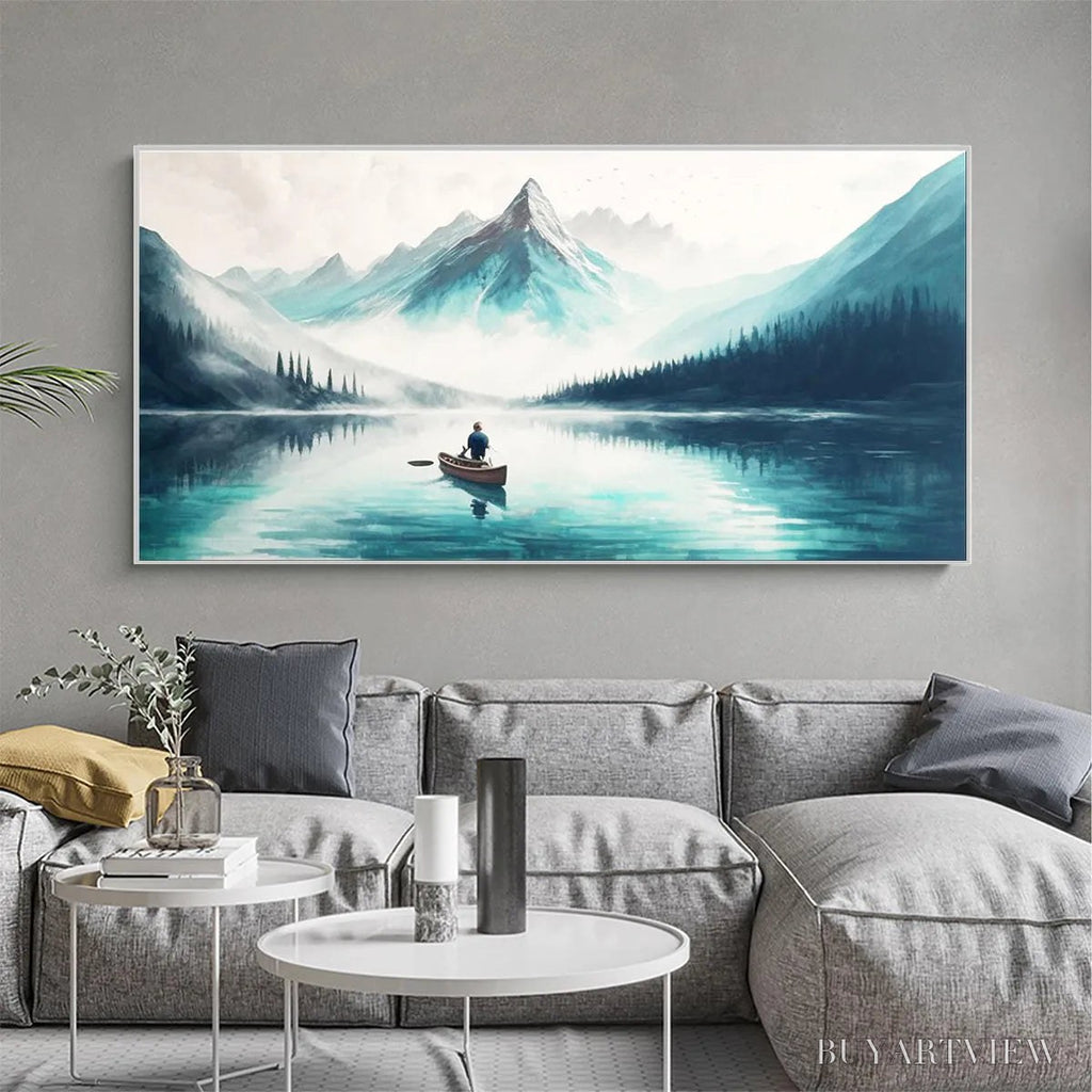 ARTOVITAS Solitude'S Embrace – Panoramic Lake and Mountain Landscape Oil Painting with Canoe - image 2