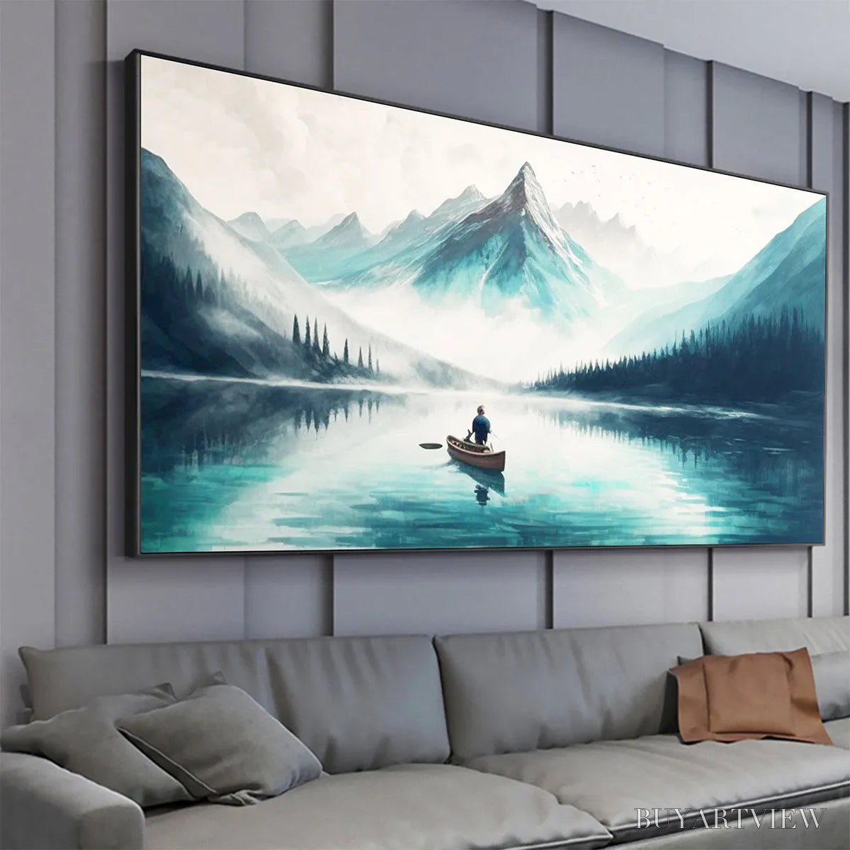 ARTOVITAS Solitude'S Embrace – Panoramic Lake and Mountain Landscape Oil Painting with Canoe - image 3