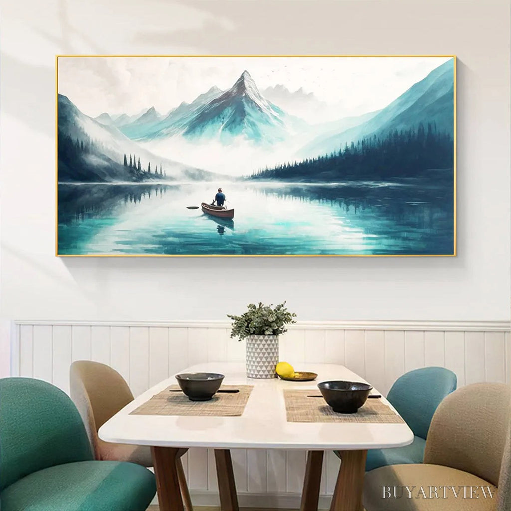 ARTOVITAS Solitude'S Embrace – Panoramic Lake and Mountain Landscape Oil Painting with Canoe - image 4