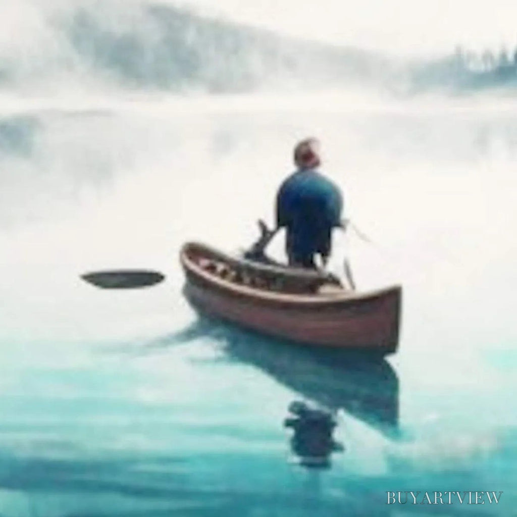 ARTOVITAS Solitude'S Embrace – Panoramic Lake and Mountain Landscape Oil Painting with Canoe - image 5