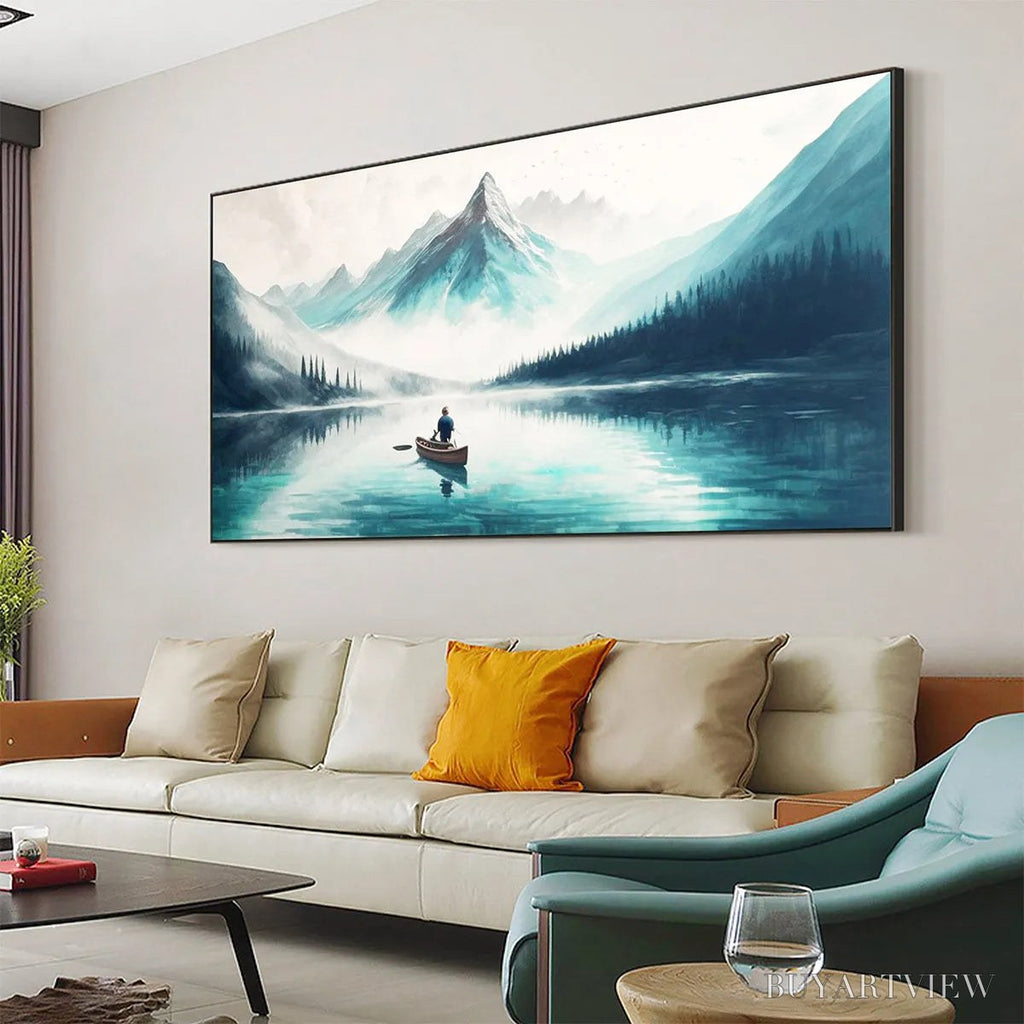 ARTOVITAS Solitude'S Embrace – Panoramic Lake and Mountain Landscape Oil Painting with Canoe - image 6