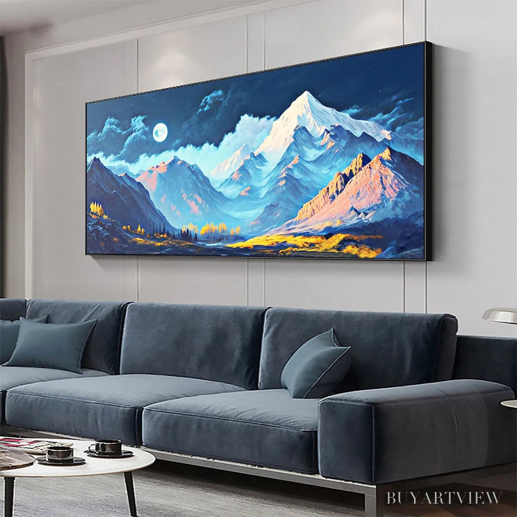 ARTOVITAS Moonlit Majesty – Panoramic Mountain Landscape Oil Painting with Moon - image 2