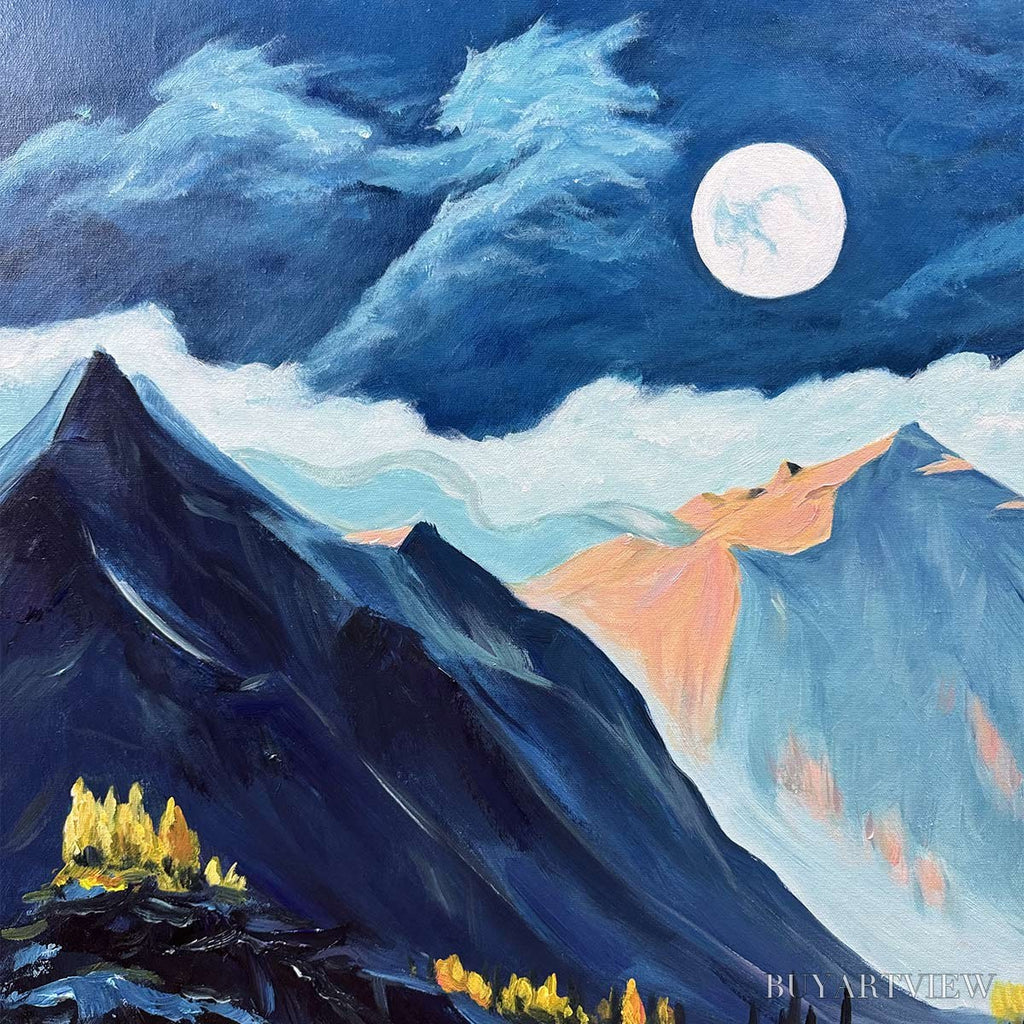 ARTOVITAS Moonlit Majesty – Panoramic Mountain Landscape Oil Painting with Moon - image 3