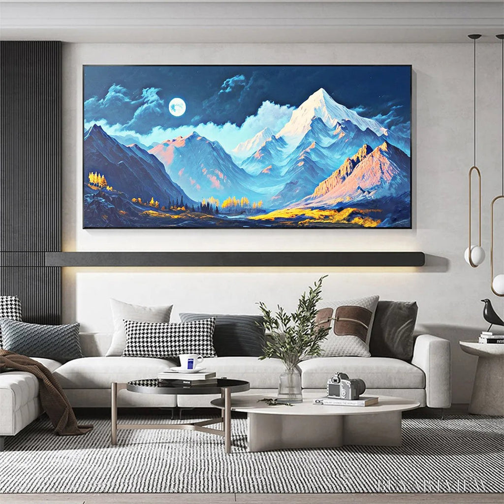 ARTOVITAS Moonlit Majesty – Panoramic Mountain Landscape Oil Painting with Moon - image 4