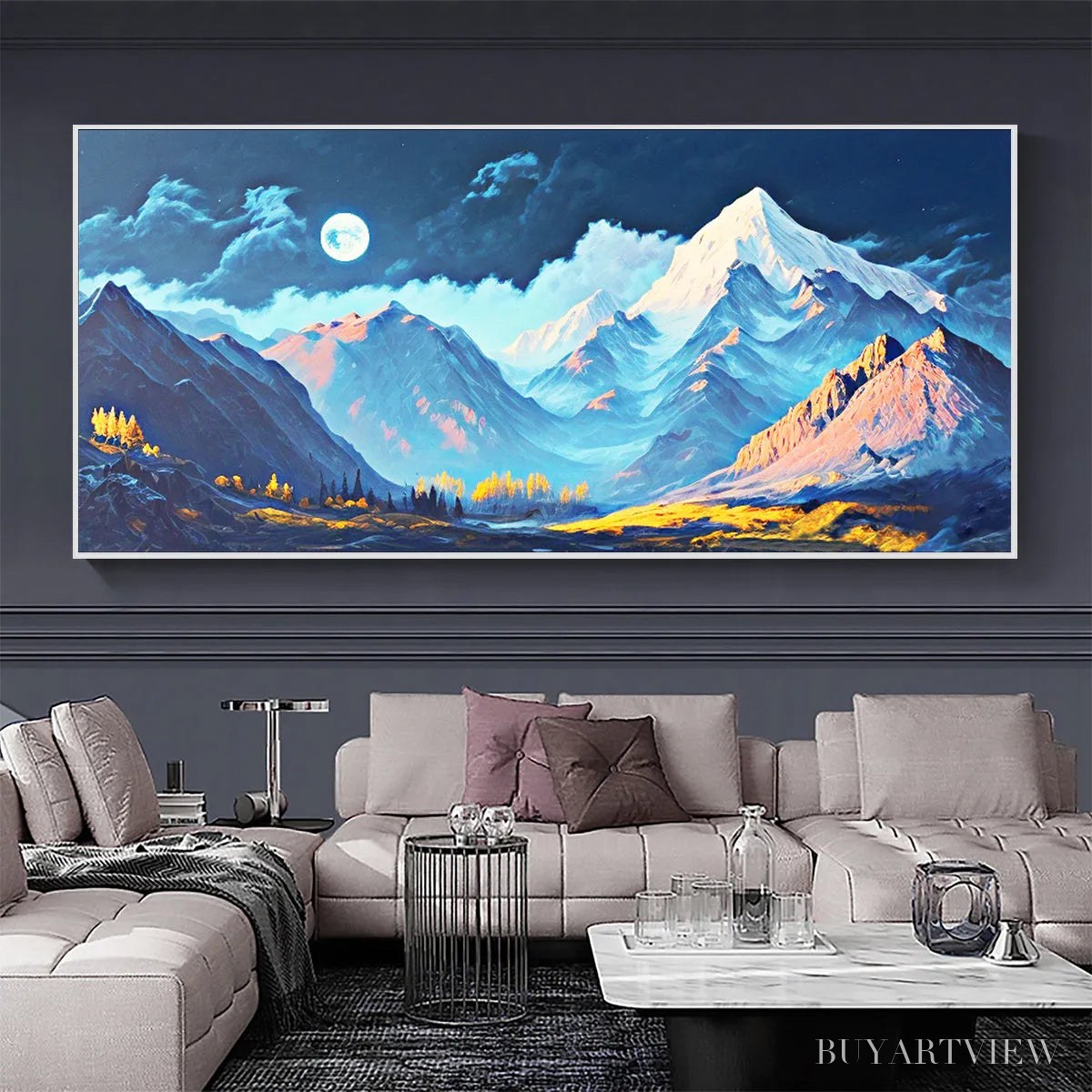 ARTOVITAS Moonlit Majesty – Panoramic Mountain Landscape Oil Painting with Moon - image 6