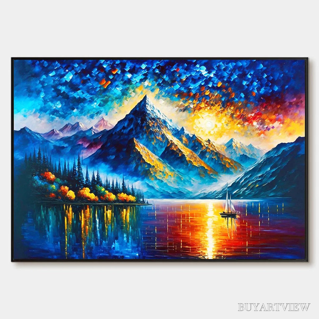 ARTOVITAS Majestic Sunrise – Mountain Landscape Oil Painting with Lake and Sailboat - image 1