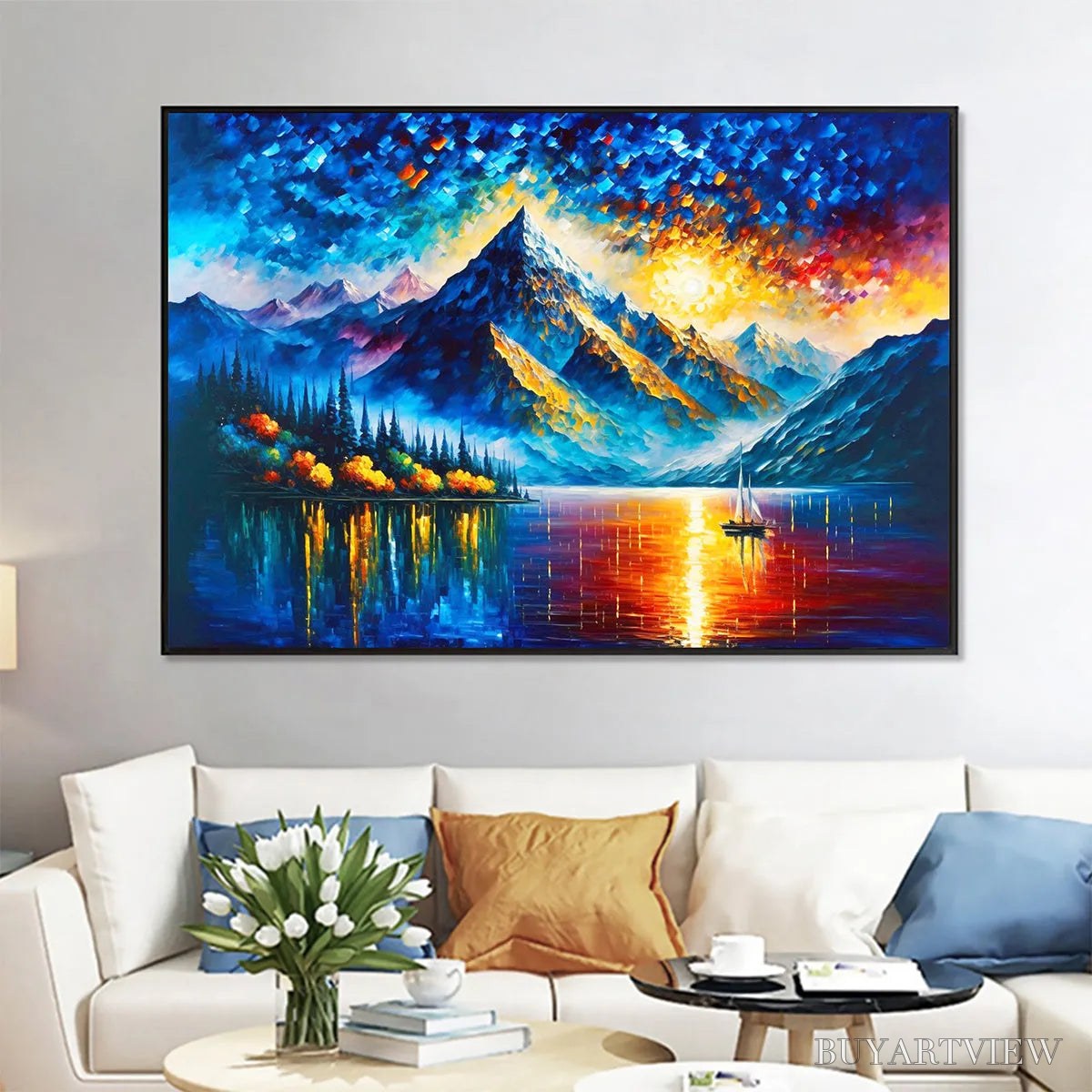 ARTOVITAS Majestic Sunrise – Mountain Landscape Oil Painting with Lake and Sailboat - image 2