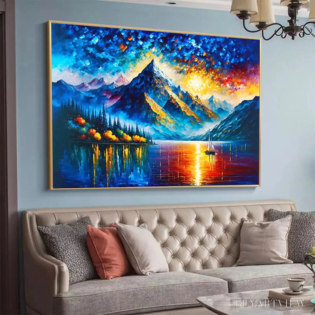 ARTOVITAS Majestic Sunrise – Mountain Landscape Oil Painting with Lake and Sailboat - image 4