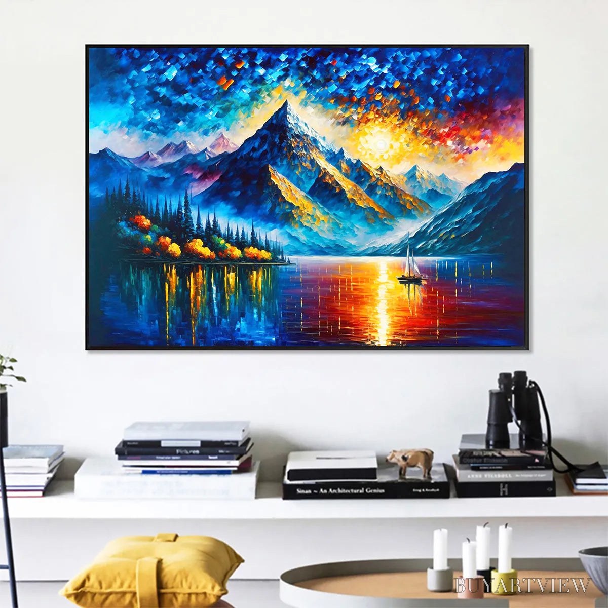 ARTOVITAS Majestic Sunrise – Mountain Landscape Oil Painting with Lake and Sailboat - image 5