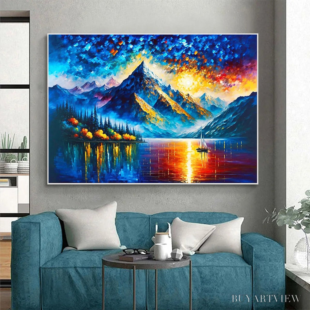 ARTOVITAS Majestic Sunrise – Mountain Landscape Oil Painting with Lake and Sailboat - image 6