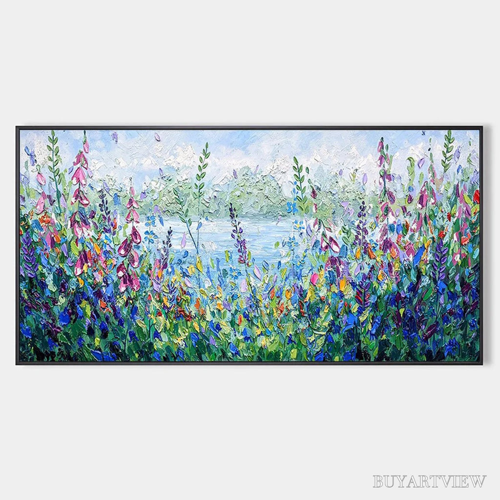 ARTOVITAS Alpine Meadow – Impasto Landscape Oil Painting with Wildflowers and Lake View - image 1