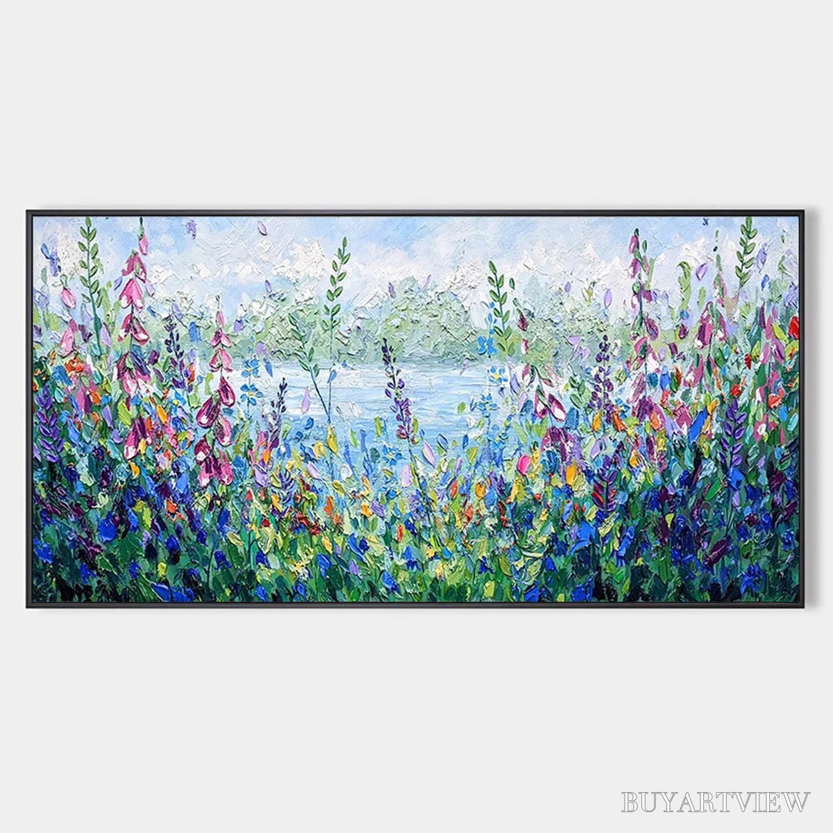 ARTOVITAS Alpine Meadow – Impasto Landscape Oil Painting with Wildflowers and Lake View - image 1