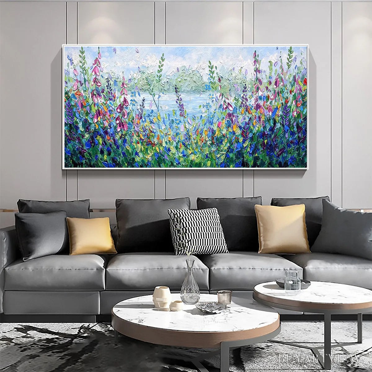 ARTOVITAS Alpine Meadow – Impasto Landscape Oil Painting with Wildflowers and Lake View - image 2