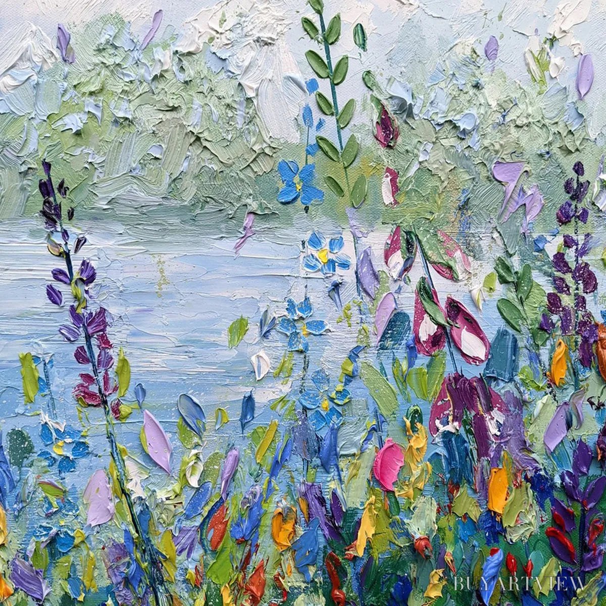 ARTOVITAS Alpine Meadow – Impasto Landscape Oil Painting with Wildflowers and Lake View - image 3