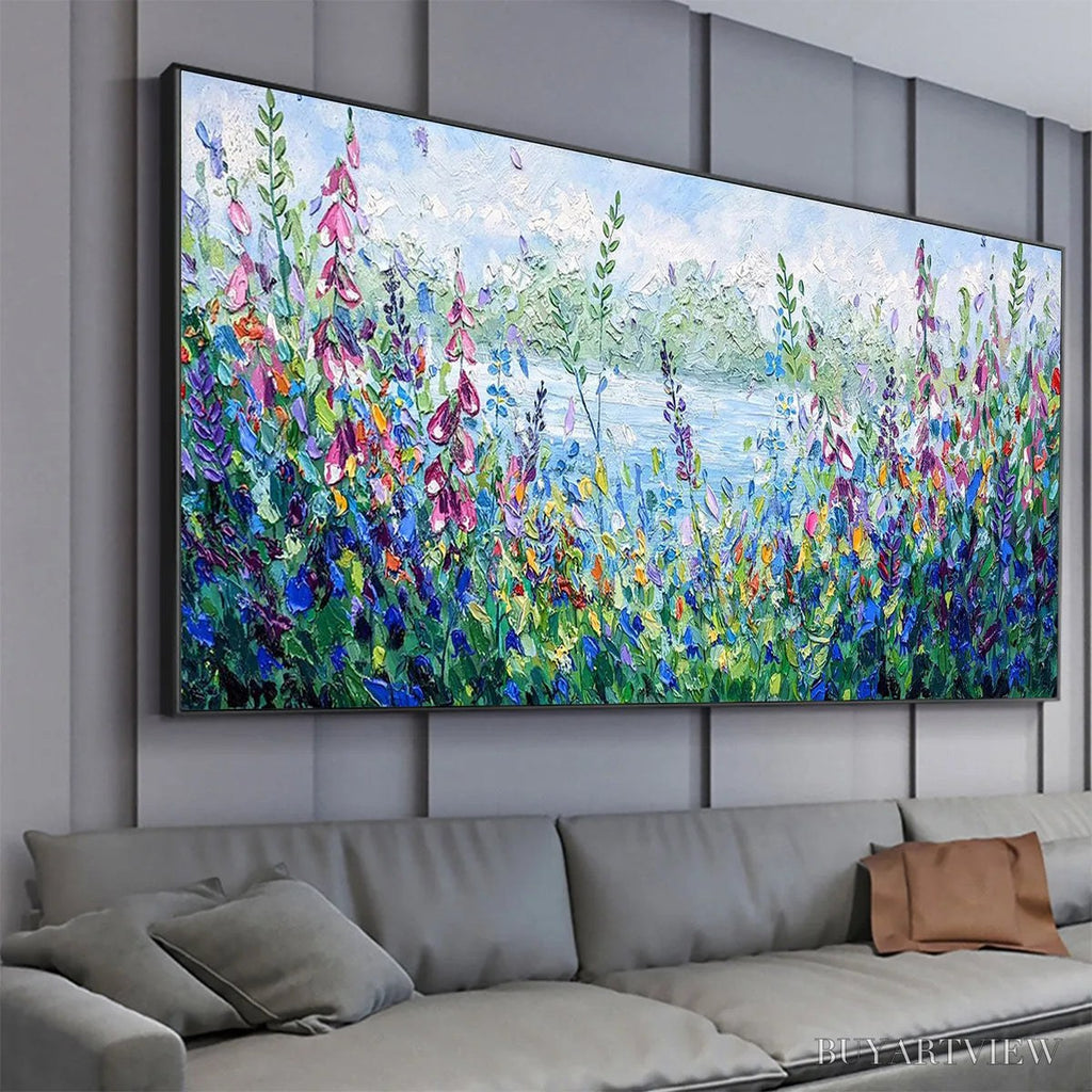 ARTOVITAS Alpine Meadow – Impasto Landscape Oil Painting with Wildflowers and Lake View - image 4