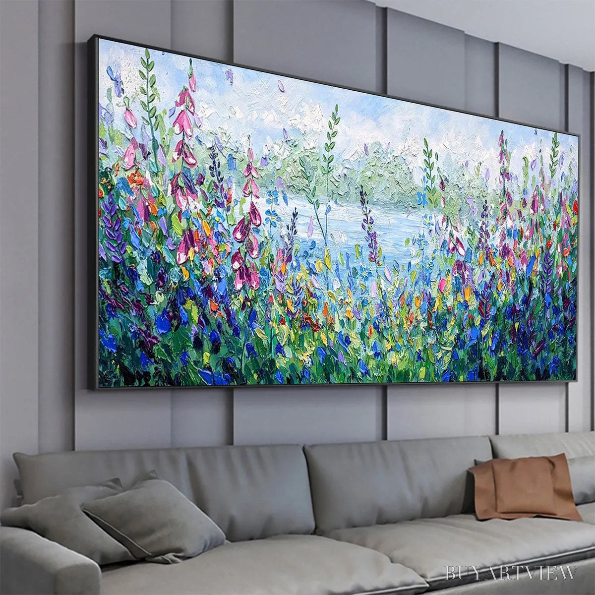 ARTOVITAS Alpine Meadow – Impasto Landscape Oil Painting with Wildflowers and Lake View - image 4