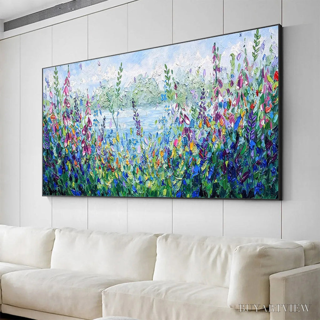 ARTOVITAS Alpine Meadow – Impasto Landscape Oil Painting with Wildflowers and Lake View - image 5