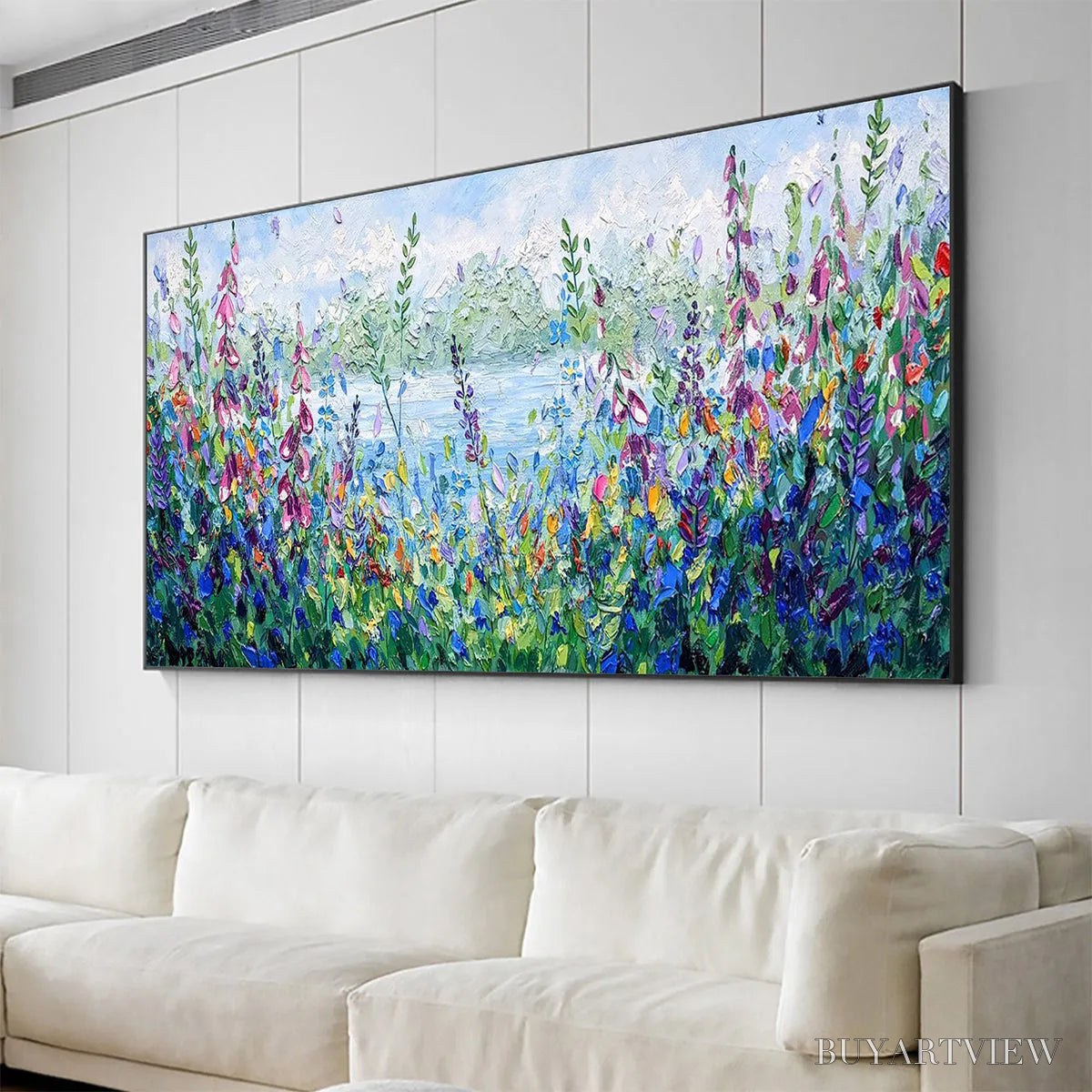 ARTOVITAS Alpine Meadow – Impasto Landscape Oil Painting with Wildflowers and Lake View - image 5