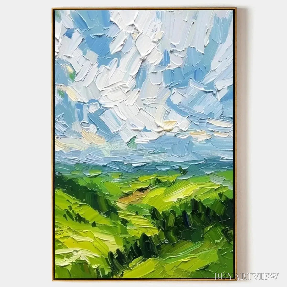 ARTOVITAS Green Valley Vista – Textured Landscape Painting, Impasto , Vertical Canvas, Nature Decor - image 1