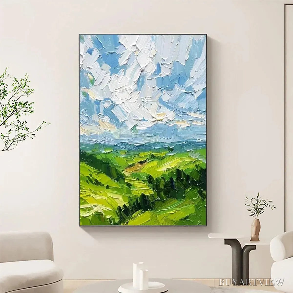 ARTOVITAS Green Valley Vista – Textured Landscape Painting, Impasto , Vertical Canvas, Nature Decor - image 2