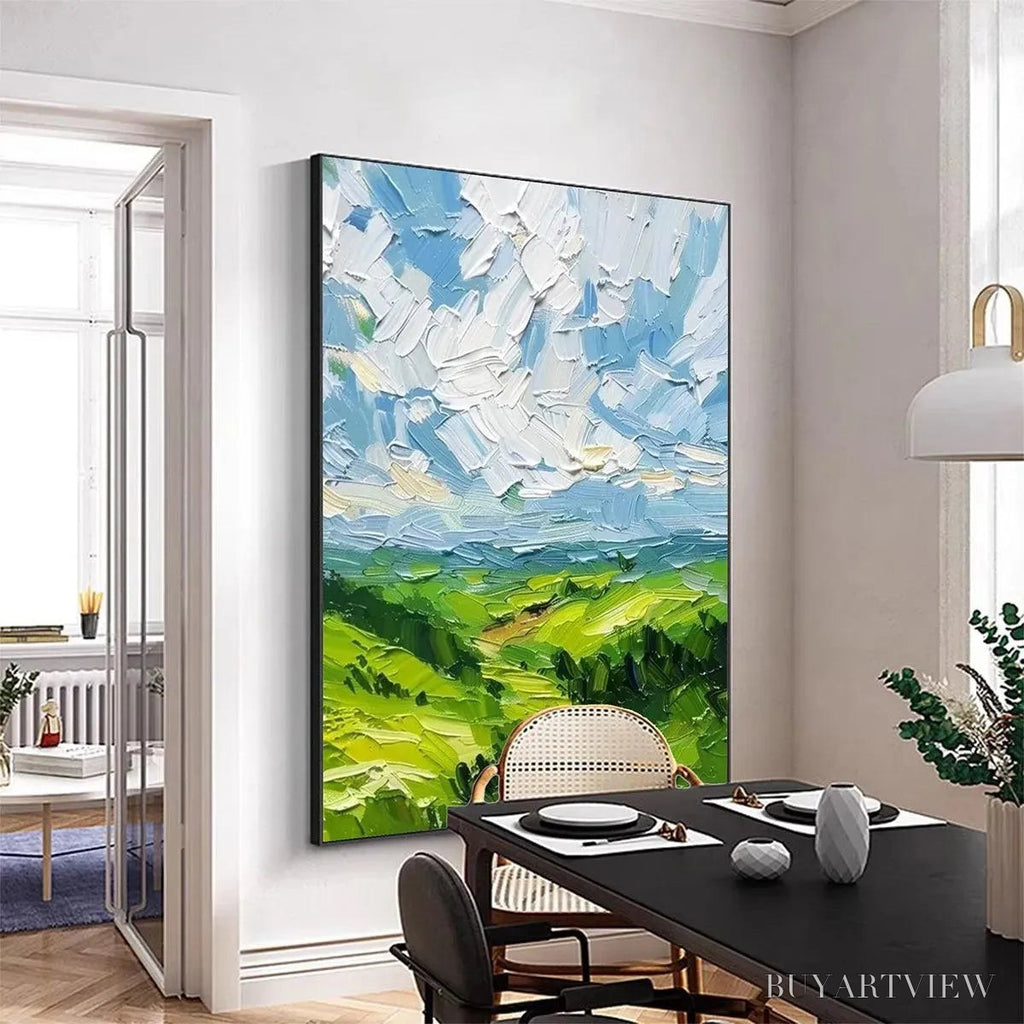 ARTOVITAS Green Valley Vista – Textured Landscape Painting, Impasto , Vertical Canvas, Nature Decor - image 4