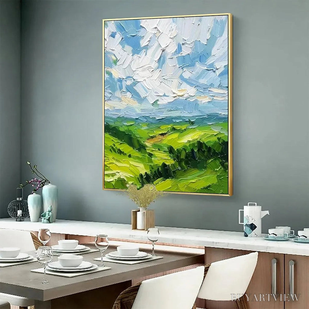 ARTOVITAS Green Valley Vista – Textured Landscape Painting, Impasto , Vertical Canvas, Nature Decor - image 5