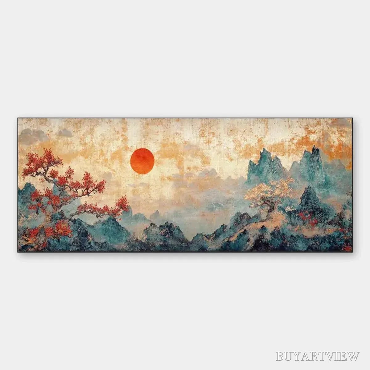 ARTOVITAS Zen Mountain Sunset Panoramic – Landscape Painting, Panoramic , Asian Decor - image 1