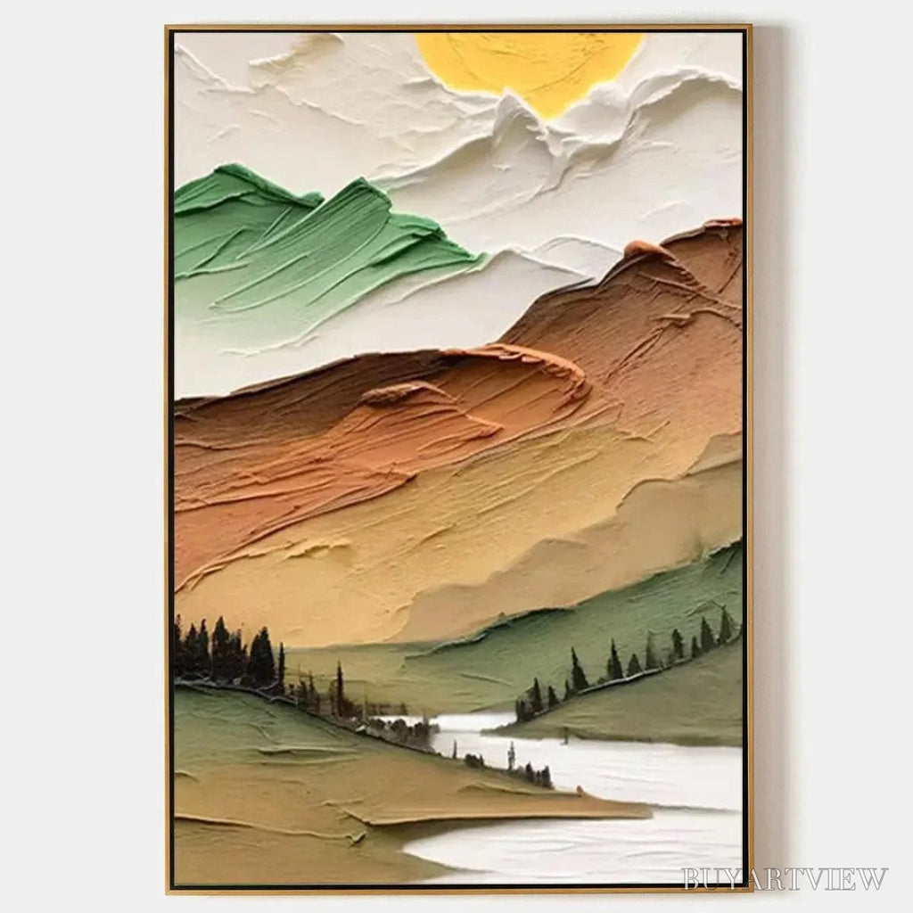 ARTOVITAS Golden Valley – Textured Mountain Landscape Painting, Green and Gold , Vertical Canvas, Impasto Decor - image 1