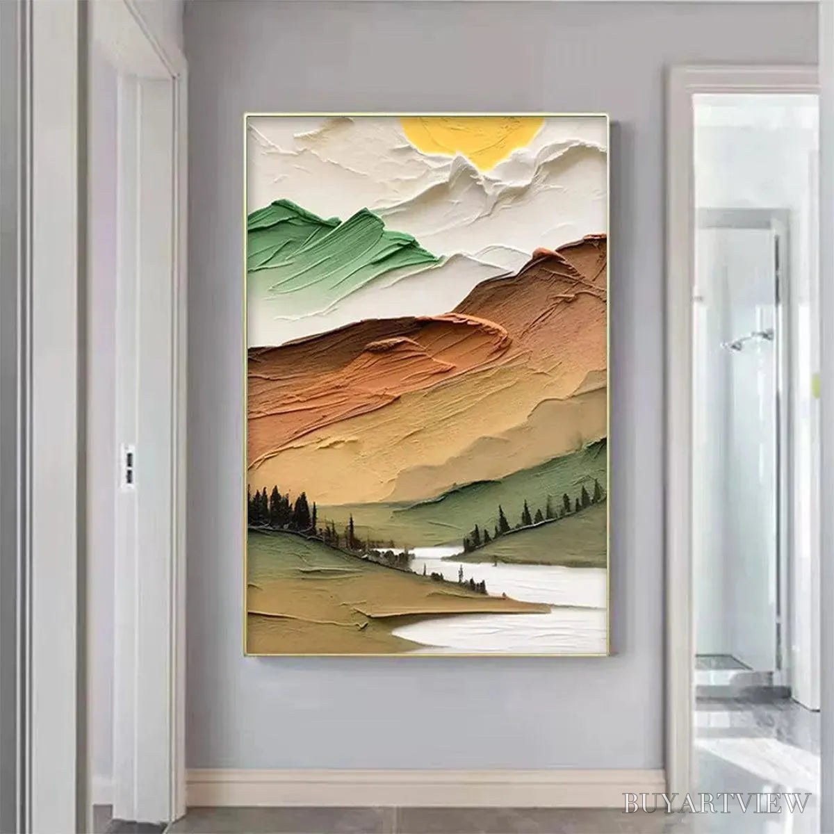 ARTOVITAS Golden Valley – Textured Mountain Landscape Painting, Green and Gold , Vertical Canvas, Impasto Decor - image 2