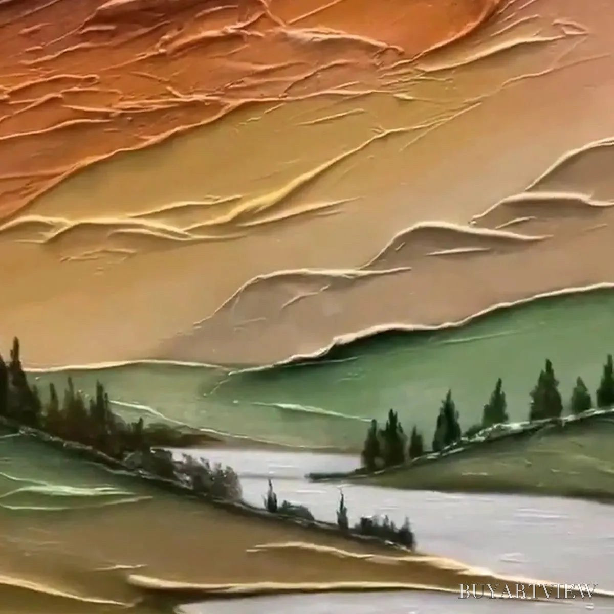ARTOVITAS Golden Valley – Textured Mountain Landscape Painting, Green and Gold , Vertical Canvas, Impasto Decor - image 3