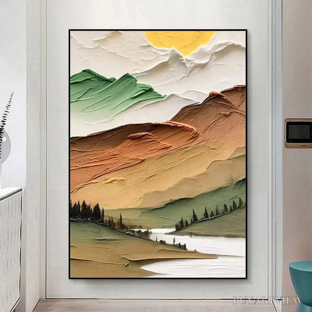 ARTOVITAS Golden Valley – Textured Mountain Landscape Painting, Green and Gold , Vertical Canvas, Impasto Decor - image 4