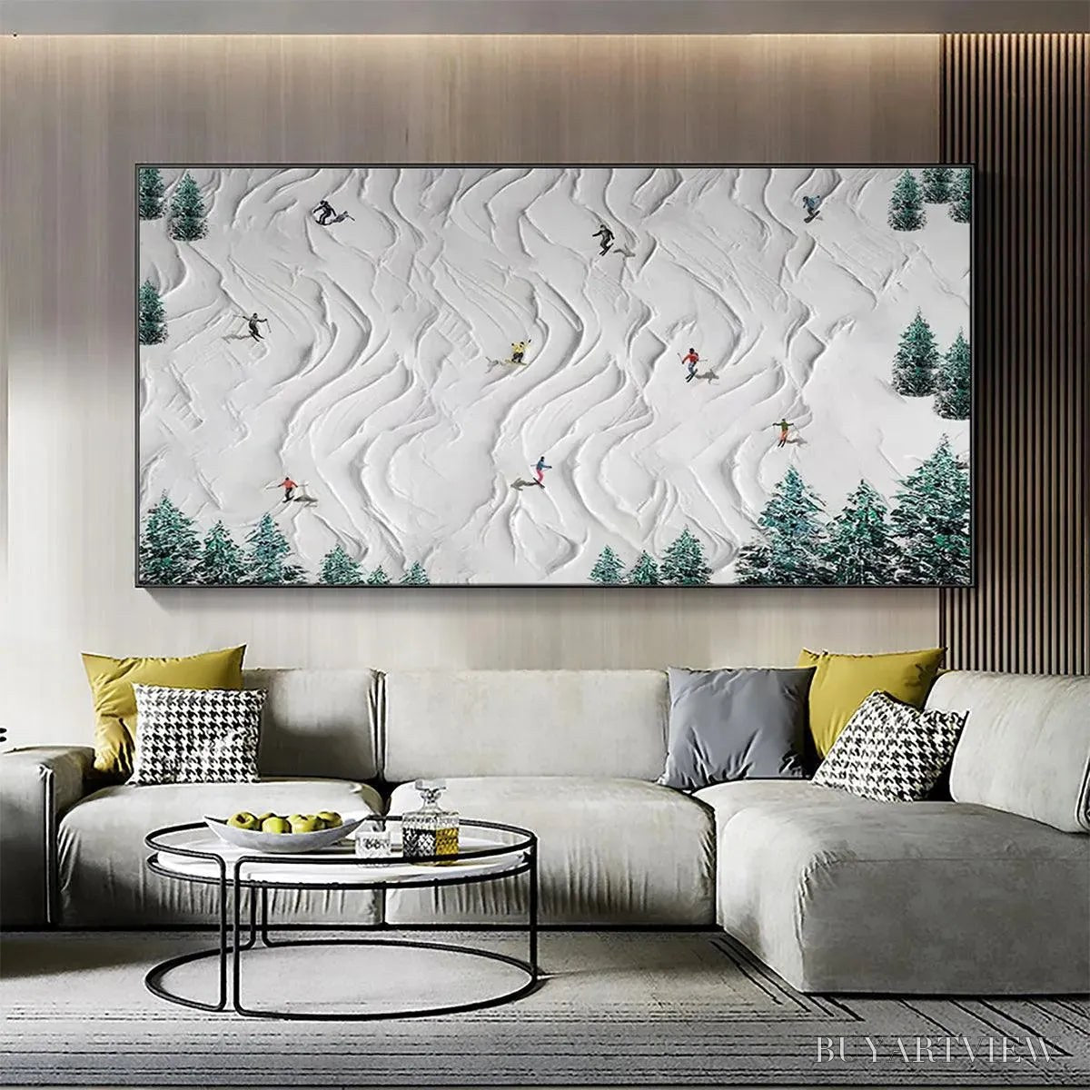 ARTOVITAS Alpine Dreams – Textured Skiing Painting, Winter Sports , Panoramic Canvas, Snowy Mountain Decor - image 2