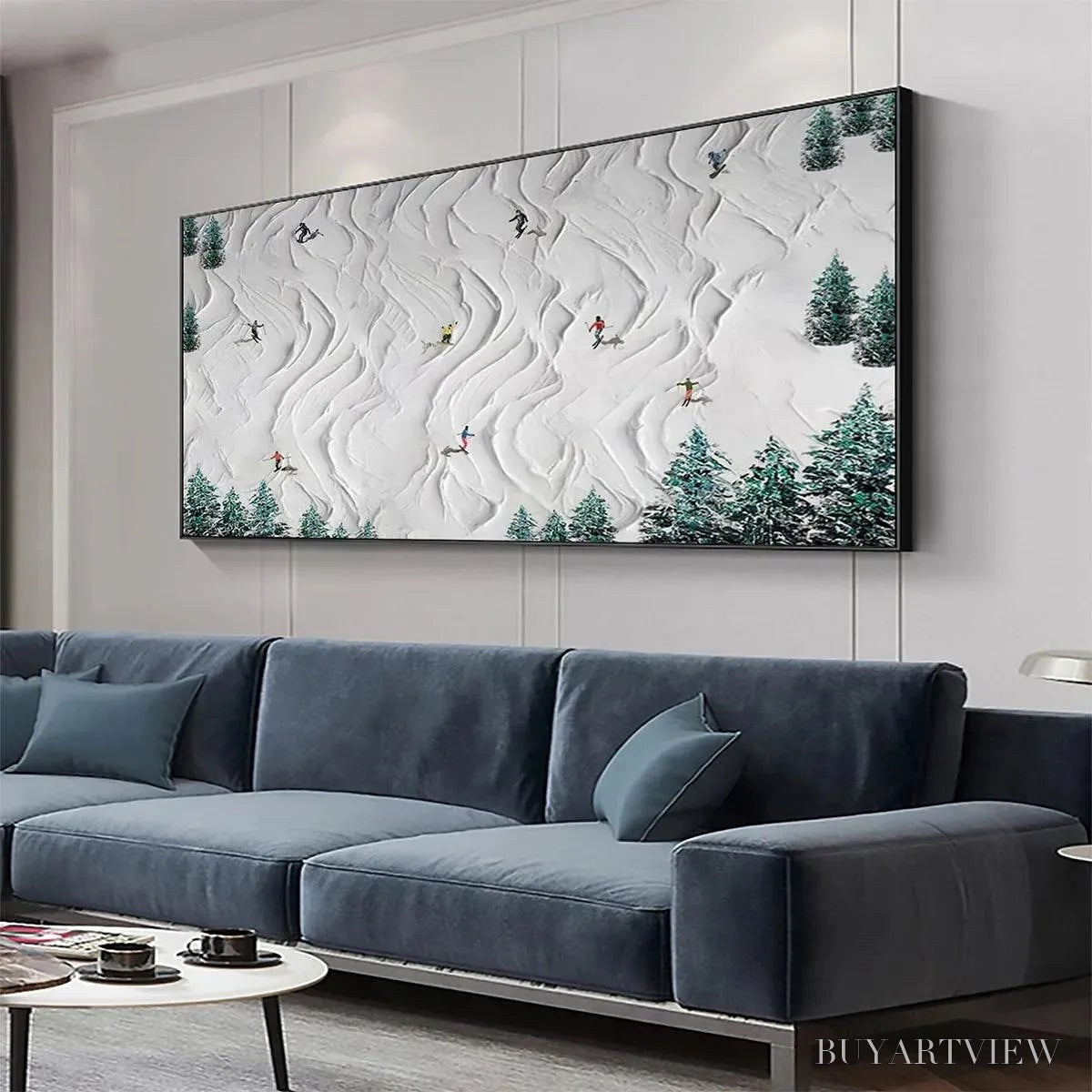 ARTOVITAS Alpine Dreams – Textured Skiing Painting, Winter Sports , Panoramic Canvas, Snowy Mountain Decor - image 4