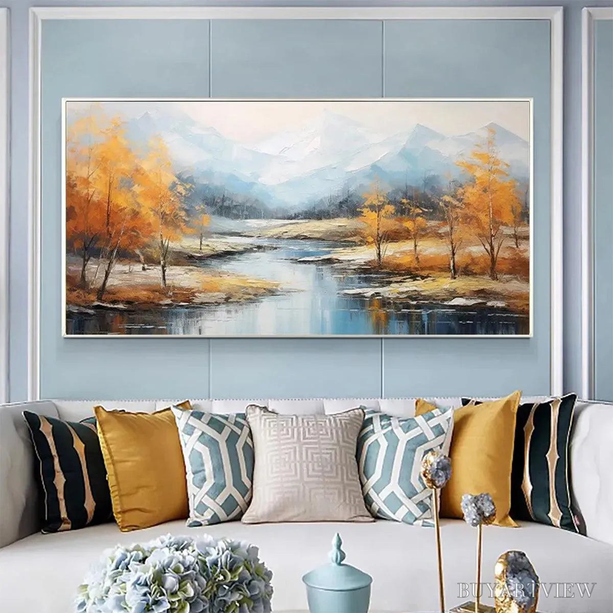 ARTOVITAS Golden Autumn Valley – Traditional Landscape Painting in Yellow and Blue - image 2