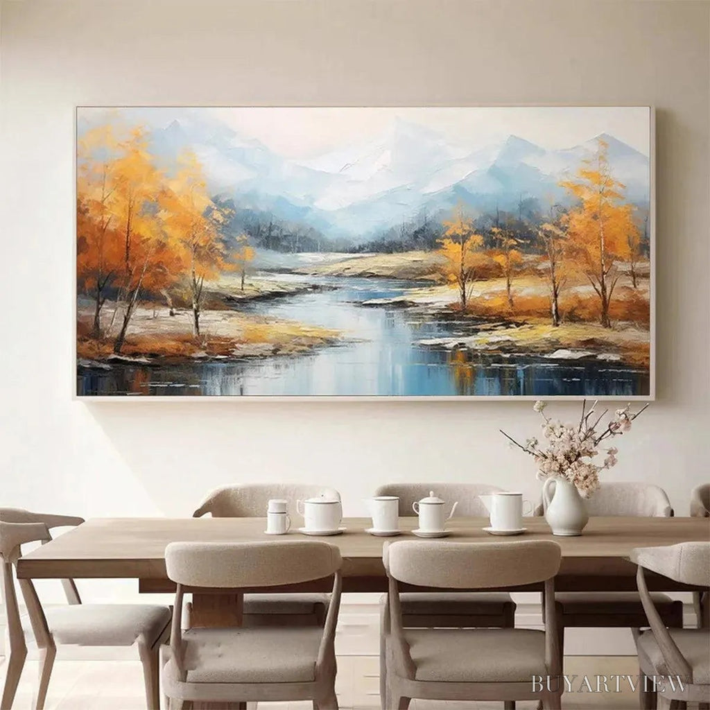 ARTOVITAS Golden Autumn Valley – Traditional Landscape Painting in Yellow and Blue - image 4