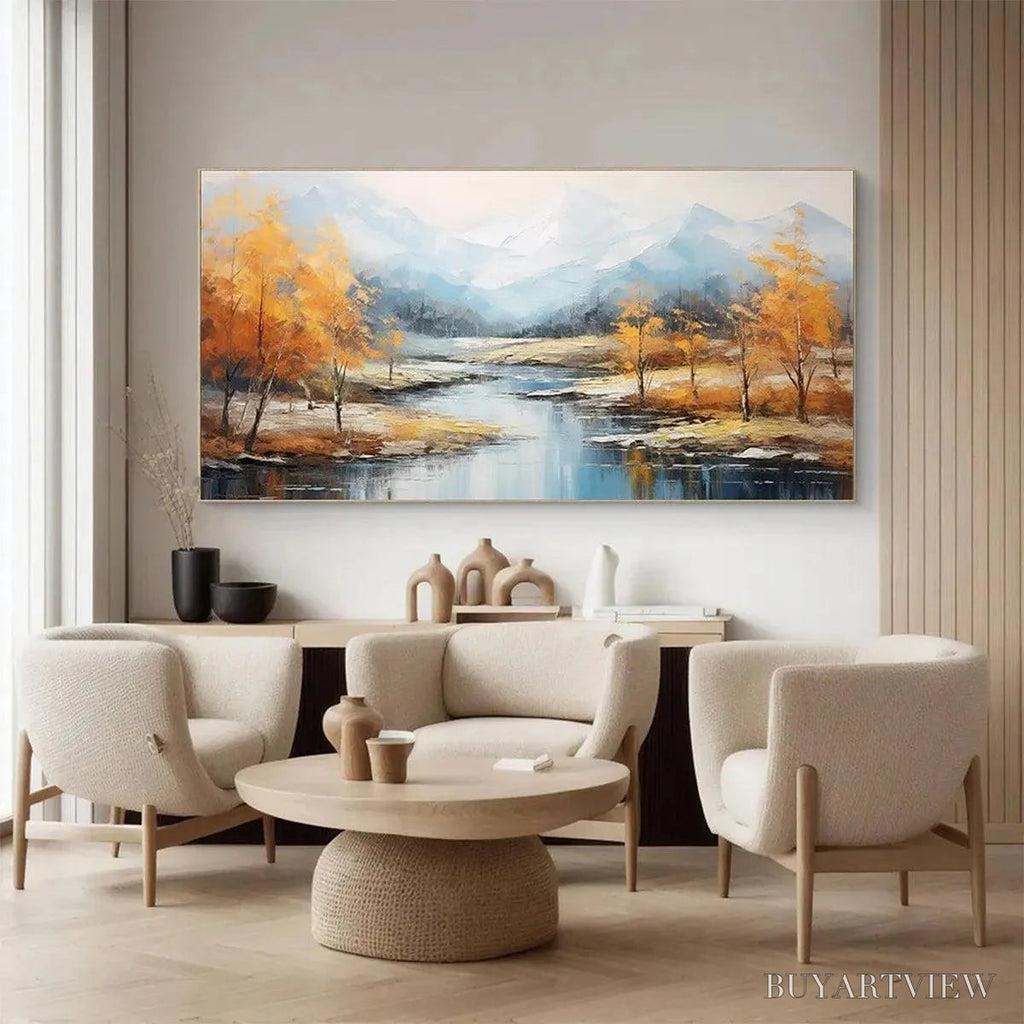 ARTOVITAS Golden Autumn Valley – Traditional Landscape Painting in Yellow and Blue - image 5