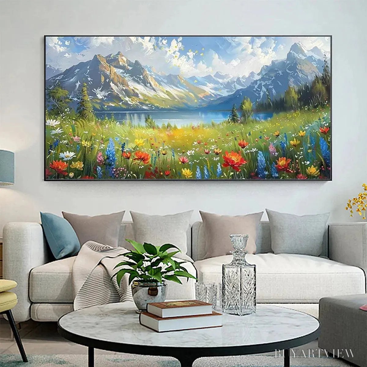 ARTOVITAS Alpine Wildflower Paradise – Colorful Landscape Painting with Mountains and Wildflowers - image 2
