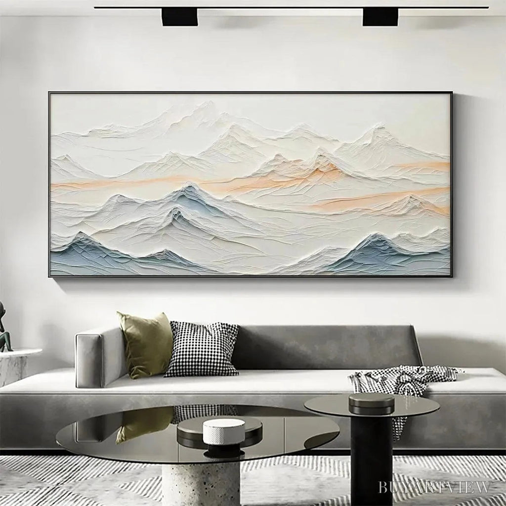 ARTOVITAS Tranquil Peaks – Textured Abstract Mountain Landscape Painting in Beige and Blue - image 2