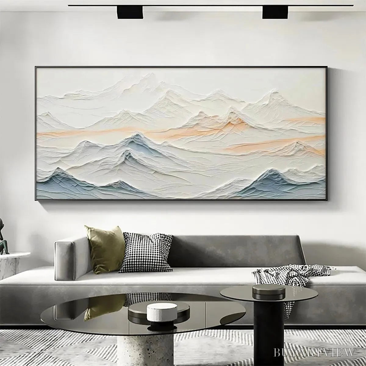 ARTOVITAS Tranquil Peaks – Textured Abstract Mountain Landscape Painting in Beige and Blue - image 2
