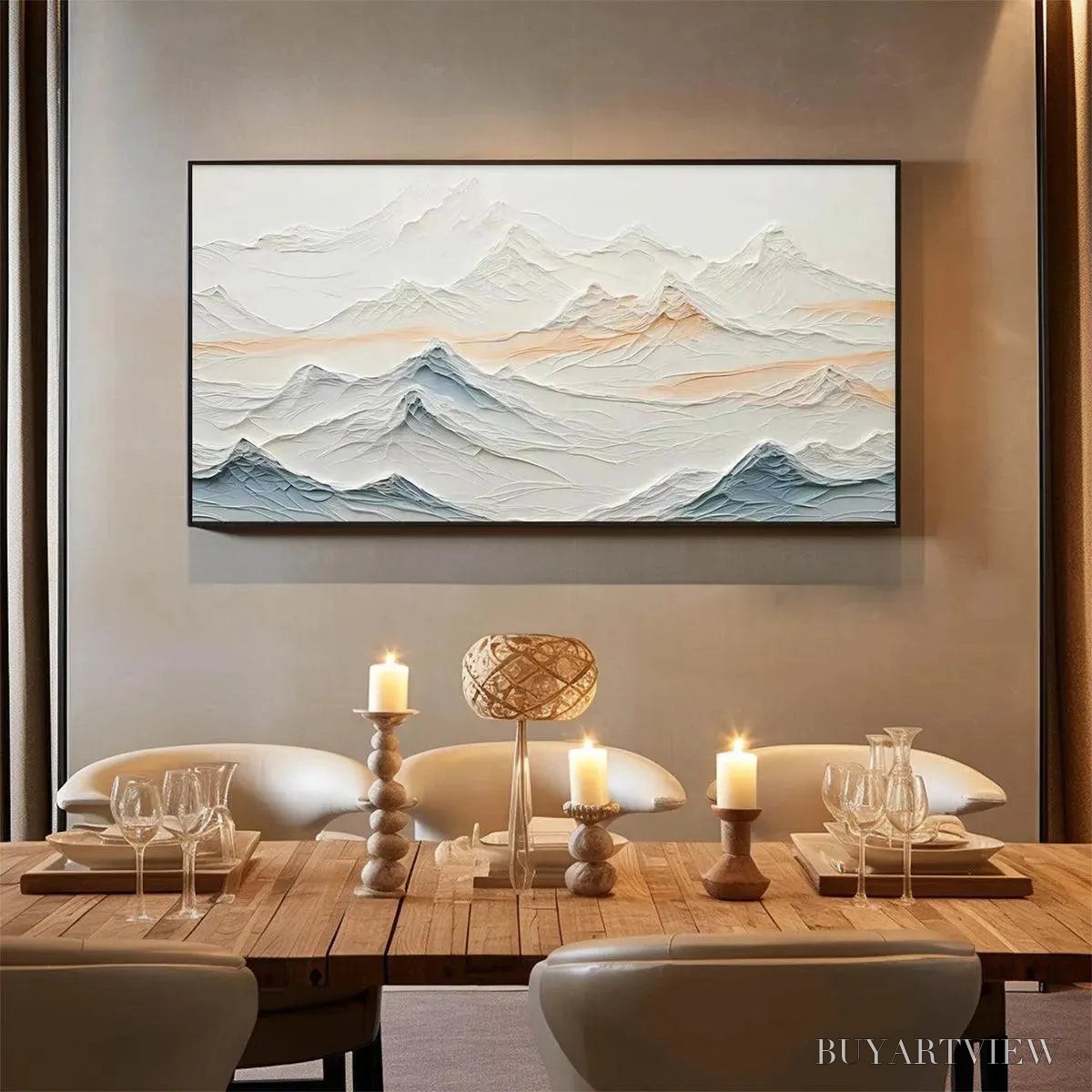 ARTOVITAS Tranquil Peaks – Textured Abstract Mountain Landscape Painting in Beige and Blue - image 4