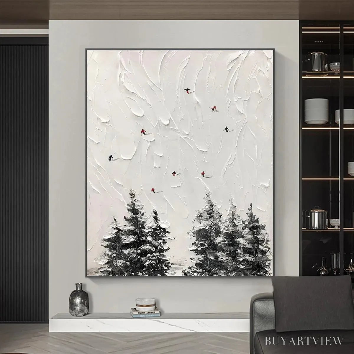 ARTOVITAS Alpine Ski – Textured Minimalist Ski Scene Painting in Black and White - image 2
