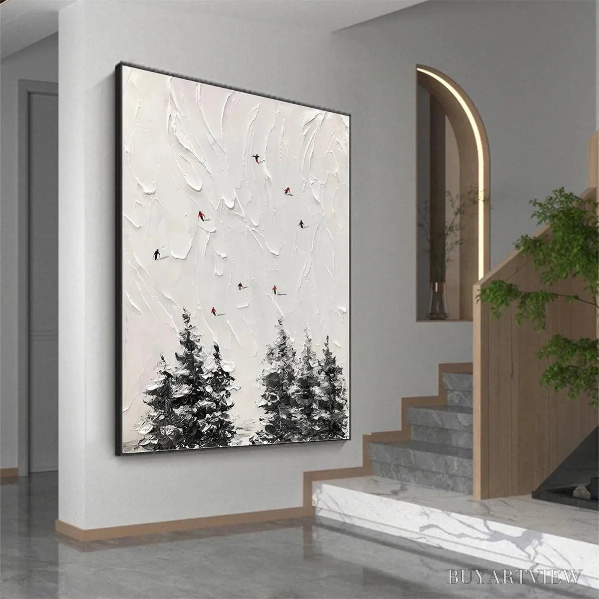 ARTOVITAS Alpine Ski – Textured Minimalist Ski Scene Painting in Black and White - image 5